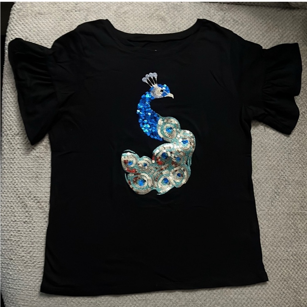 Black Top with Sequin Peacock Design